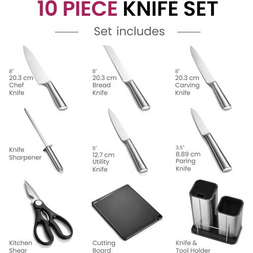  FineDine 10-Piece Stainless-Steel Kitchen Knife Set - Newly Innovative Kitchen Knifes Set with Utensil Holder - 5 Stainless-Steel Knives - Knife Sharpener - Kitchen Scissors - Cutting Board