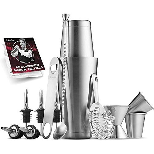  [아마존베스트]FineDine Premium Cocktail Shaker Bar Tools Set (14 piece) Brushed Stainless Steel Bartender Kit, with All Bar Accessories, Cocktail Strainer, Double Jigger, Bar Spoon, Bottle Opener, Pour S