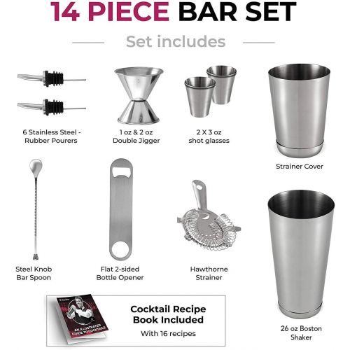  [아마존베스트]FineDine Premium Cocktail Shaker Bar Tools Set (14 piece) Brushed Stainless Steel Bartender Kit, with All Bar Accessories, Cocktail Strainer, Double Jigger, Bar Spoon, Bottle Opener, Pour S