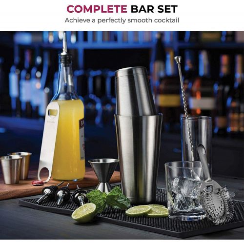  [아마존베스트]FineDine Premium Cocktail Shaker Bar Tools Set (14 piece) Brushed Stainless Steel Bartender Kit, with All Bar Accessories, Cocktail Strainer, Double Jigger, Bar Spoon, Bottle Opener, Pour S
