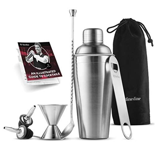  [아마존베스트]FineDine 7 Piece Cocktail Shaker Bar Tools Set Brushed Stainless Steel Bartender Kit, with All Bar Accessories, Cocktail Strainer, Double Jigger, Bar Spoon, Bottle Opener, Pour Spouts