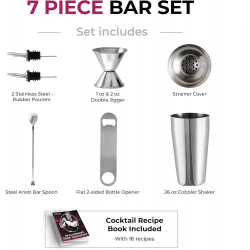  [아마존베스트]FineDine 7 Piece Cocktail Shaker Bar Tools Set Brushed Stainless Steel Bartender Kit, with All Bar Accessories, Cocktail Strainer, Double Jigger, Bar Spoon, Bottle Opener, Pour Spouts