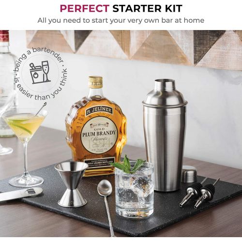  [아마존베스트]FineDine 7 Piece Cocktail Shaker Bar Tools Set Brushed Stainless Steel Bartender Kit, with All Bar Accessories, Cocktail Strainer, Double Jigger, Bar Spoon, Bottle Opener, Pour Spouts