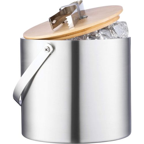  [아마존베스트]FineDine Double-Wall Stainless Steel Insulated Ice Bucket With Lid and Ice Tong - [3 Liter] Modern Bamboo Lid With Built In Tong- Comfortable Carry Handle- Great for Home Bar, Chilling Beer