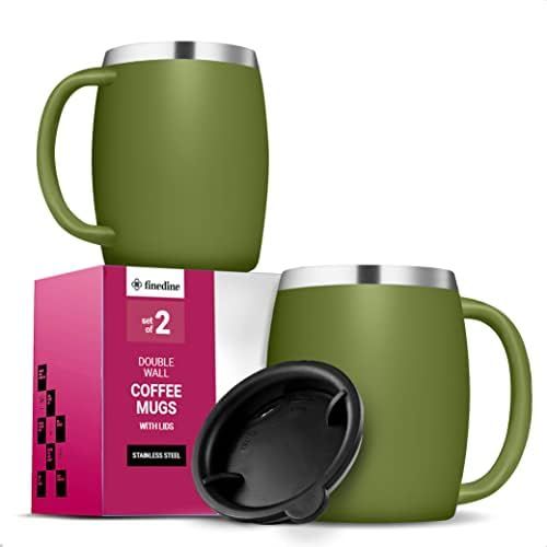  [아마존베스트]FineDine Insulated Stainless-Steel Coffee Mug with Lid and Handle (2 Pk) 14 oz.- BPA-Free Spillproof Lid, Double Wall Camping Travel Coffee Mugs Tough & Shatterproof, Keeps Coffee/Tea Hot A