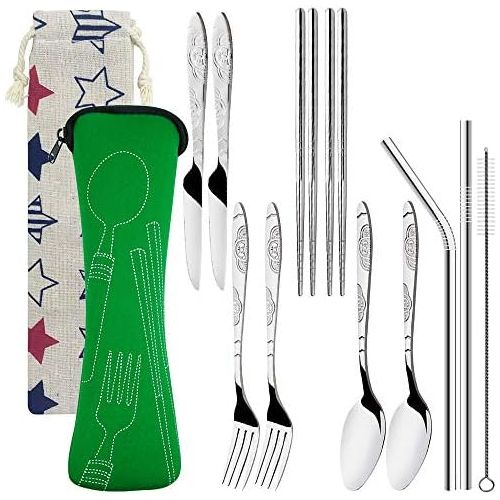  FineGood 2pcs Stainless Steel Cutlery Set Knife Fork Spoon Chopsticks Straws Portable Crockery with Carry Bags for Traveling Camping Picnic Work Hiking