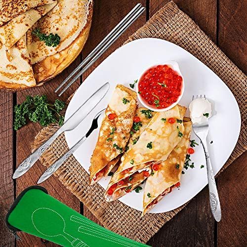  FineGood 2pcs Stainless Steel Cutlery Set Knife Fork Spoon Chopsticks Straws Portable Crockery with Carry Bags for Traveling Camping Picnic Work Hiking