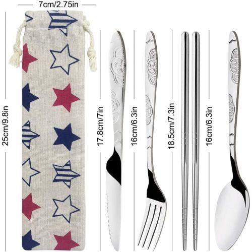  FineGood 2pcs Stainless Steel Cutlery Set Knife Fork Spoon Chopsticks Straws Portable Crockery with Carry Bags for Traveling Camping Picnic Work Hiking