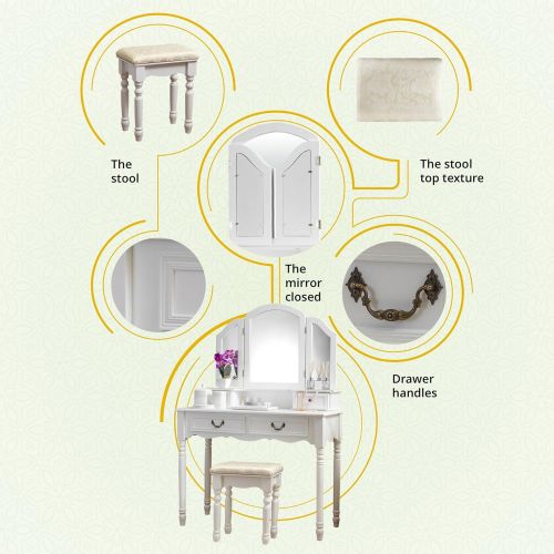  Fineboard Elegant Vanity Dressing Table Set Makeup Dressing Table with 3 Mirrors and Stool, 4 Drawers (White)