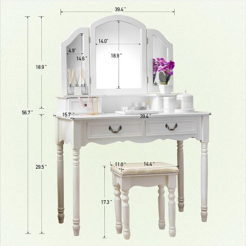  Fineboard Elegant Vanity Dressing Table Set Makeup Dressing Table with 3 Mirrors and Stool, 4 Drawers (White)