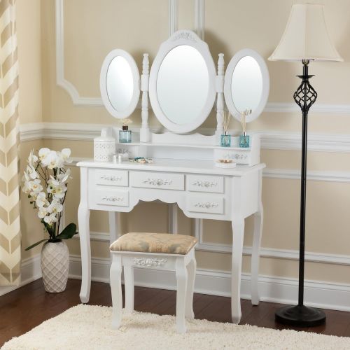  Fineboard Vanity Set with Stool & Mirror Makeup Table with 7 Organization Drawers Single Oval Mirror Make Up Vanity Table Set, White