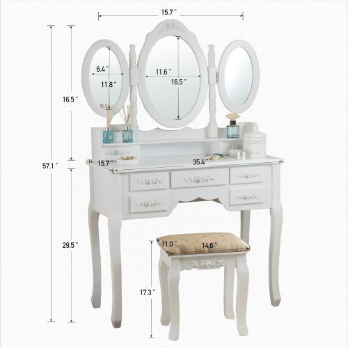  Fineboard Vanity Set with Stool & Mirror Makeup Table with 7 Organization Drawers Single Oval Mirror Make Up Vanity Table Set, White