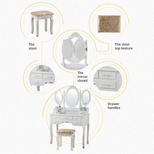  Fineboard Vanity Set with Stool & Mirror Makeup Table with 7 Organization Drawers Single Oval Mirror Make Up Vanity Table Set, White