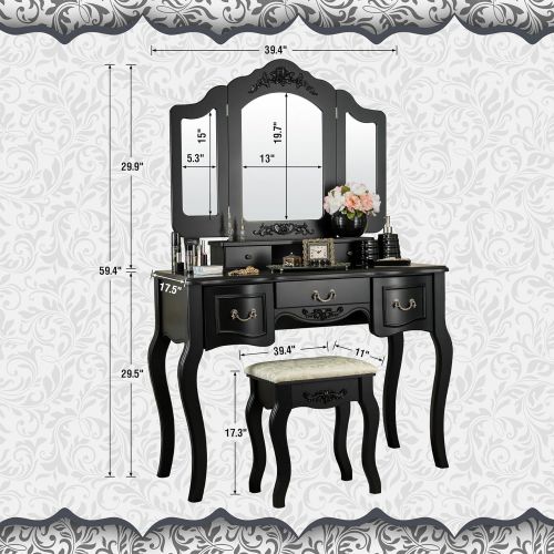  Fineboard FB-VT04-BK Vanity Set Beauty Station Makeup Table and Wooden Stool Set with 3 Mirrors and 5 Organization DrawersSet, Black