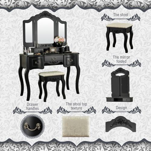  Fineboard FB-VT04-BK Vanity Set Beauty Station Makeup Table and Wooden Stool Set with 3 Mirrors and 5 Organization DrawersSet, Black