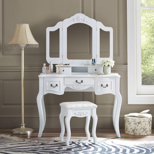  Fineboard Vanity Set Beauty Station Makeup Table and Wooden Stool Set with 3 Mirrors and 5 Organization Drawers Set, White