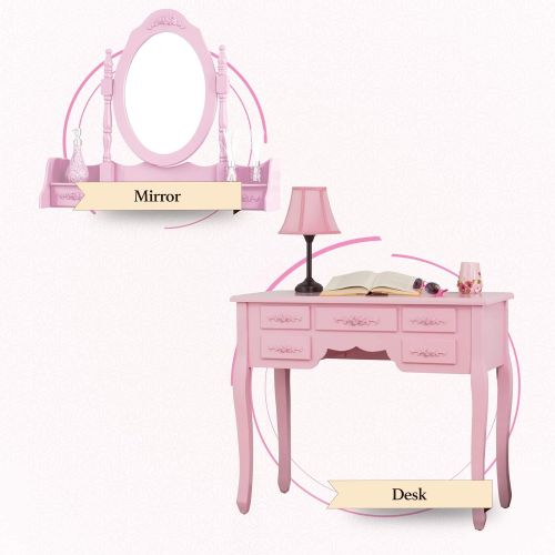  Fineboard FB-VT03-PKN Vanity Set with Stool Makeup Table with 7 Organization Drawers Single Oval Mirror, Pink