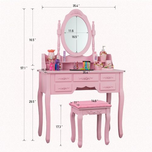  Fineboard FB-VT03-PKN Vanity Set with Stool Makeup Table with 7 Organization Drawers Single Oval Mirror, Pink