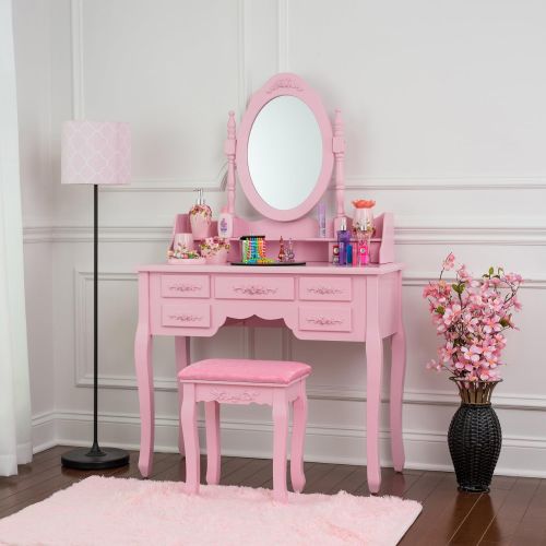 Fineboard FB-VT03-PKN Vanity Set with Stool Makeup Table with 7 Organization Drawers Single Oval Mirror, Pink