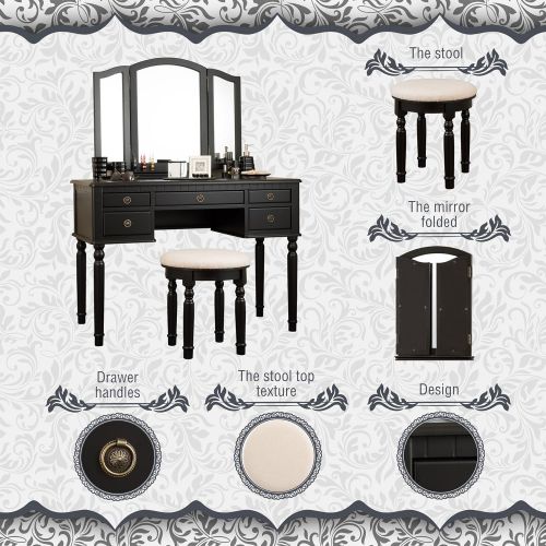  Fineboard Dressing Set with Stool Beauty Station Makeup Table Three Mirror Vanity Set, 5 Organization Drawers, Black