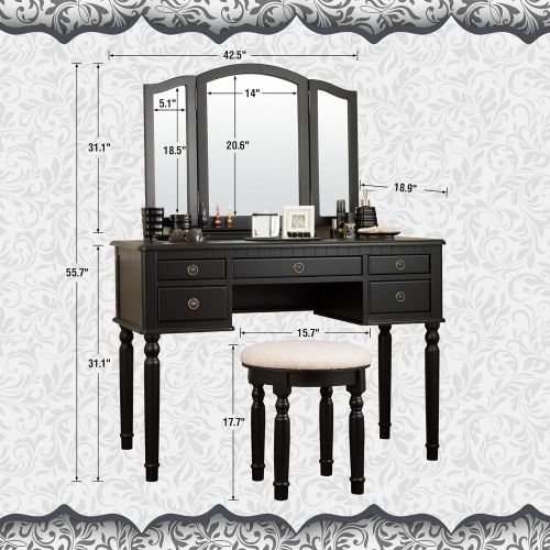  Fineboard Dressing Set with Stool Beauty Station Makeup Table Three Mirror Vanity Set, 5 Organization Drawers, Black