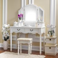 Fineboard Elegant Vanity Dressing Table Set Makeup Dressing Table with 3 Mirrors and Stool, 4 Drawers (White)