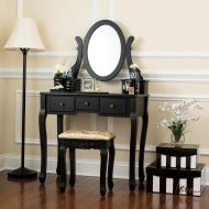 Fineboard Single Mirror Dressing Table Set Five Organization Drawers Vanity Table with Wooden Stool (Black)
