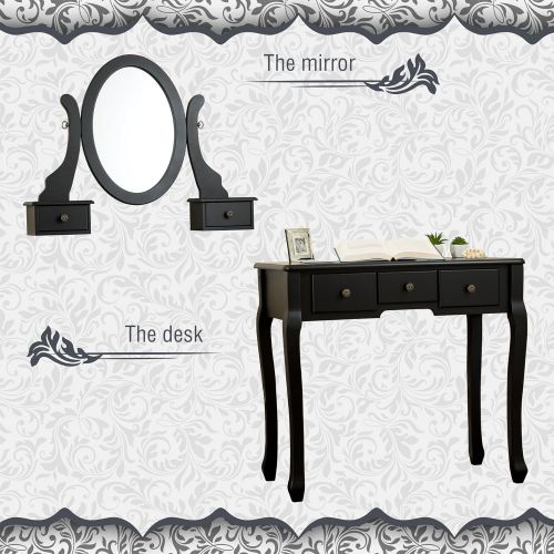  Fineboard Single Mirror Dressing Table Set Five Organization Drawers Vanity Table with Wooden Stool (Black)
