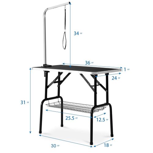  Finego Foldable Pet Grooming Table with Mesh Tray and Adjustable Arm Black Rubber Table pet Grooming Table