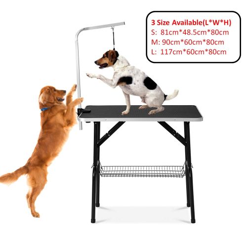  Finego Foldable Pet Grooming Table with Mesh Tray and Adjustable Arm Black Rubber Table pet Grooming Table