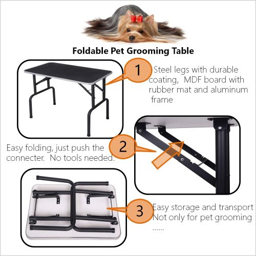  Finego Foldable Pet Grooming Table with Mesh Tray and Adjustable Arm Black Rubber Table pet Grooming Table