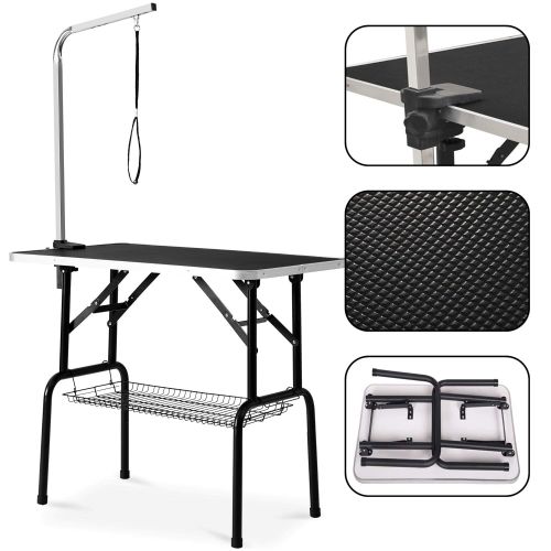  Finego Foldable Pet Grooming Table with Mesh Tray and Adjustable Arm Black Rubber Table pet Grooming Table