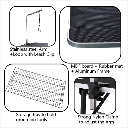  Finego Foldable Pet Grooming Table with Mesh Tray and Adjustable Arm Black Rubber Table pet Grooming Table