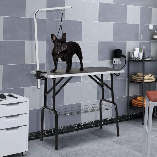  Finego Foldable Pet Grooming Table with Mesh Tray and Adjustable Arm Black Rubber Table pet Grooming Table