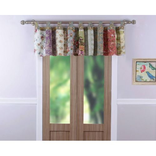  Finely Stitched Country Cottage Floral Print Patchwork Pattern Yellow Blue Green Tab Top Window Valance