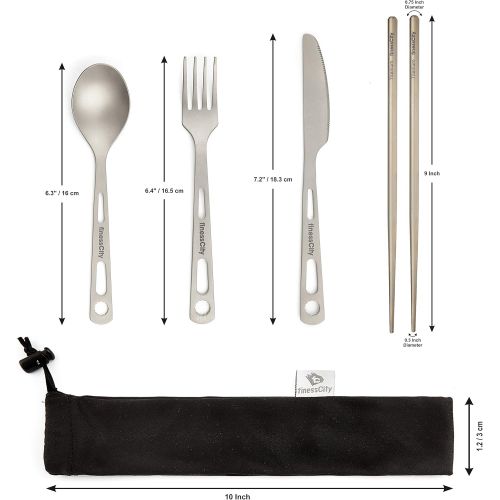  finessCity Titanium Utility Cutlery Set Extra Strong Ultra Lightweight (Ti), 3/4/5 Piece Straw Chopsticks Knife Fork Spoon Set for Home Use/Travel/Camping Cutlery Set in Case