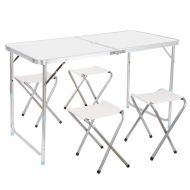 Finether Portable Folding Table Sturdy and Lightweight Steel Frame Legs with 4 Folding Chairs, 4 Adjustable Heights feet, for Indoor/Outdoor Use,Camping Picnic, Party Dining, White