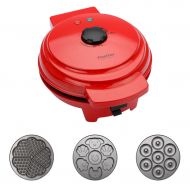 /Finether Waffle Maker Machine, Multi-Plate Waffle Iron, Mini 3-in-1 Non-Stick Snack Maker Adjustable Temperature, Easy to Clean, Cord Wrap & Cool Touch Handle, Red
