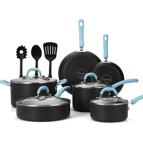  Finnhomy Super Value Hard-Anodized Aluminum Cookware Set, Double Nonstick Coating Kitchen Pots and Pan Set, Professional for Home Restaurant, 13-Piece with Blue Handle