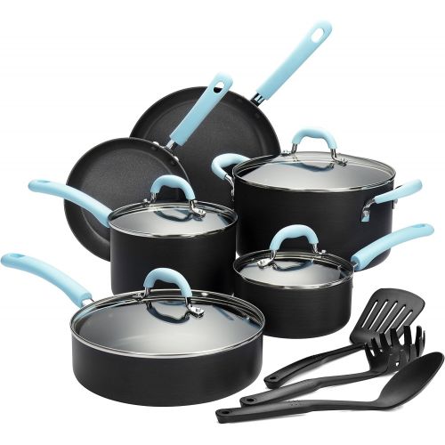  Finnhomy Super Value Hard-Anodized Aluminum Cookware Set, Double Nonstick Coating Kitchen Pots and Pan Set, Professional for Home Restaurant, 13-Piece with Blue Handle