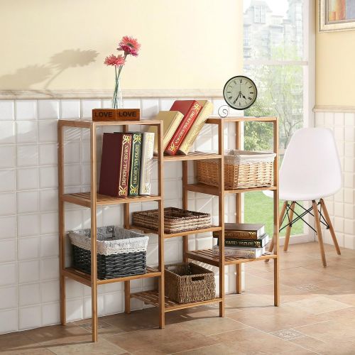  Finnhomy Natural Bamboo Shelf Plant Stand Display Wood Customizable Utility Shelf Bathroom Shelf 9-Tier Multifunctional Storage Rack Shelving Unit