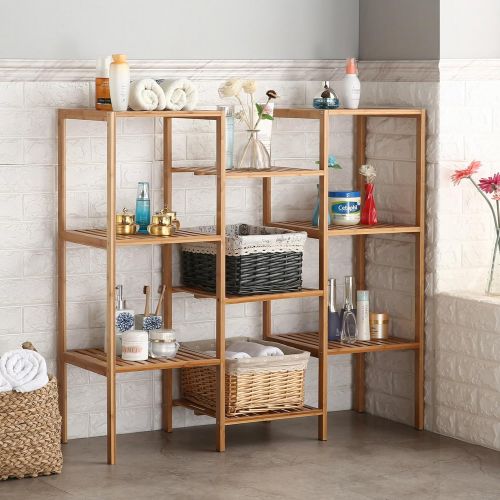  Finnhomy Natural Bamboo Shelf Plant Stand Display Wood Customizable Utility Shelf Bathroom Shelf 9-Tier Multifunctional Storage Rack Shelving Unit