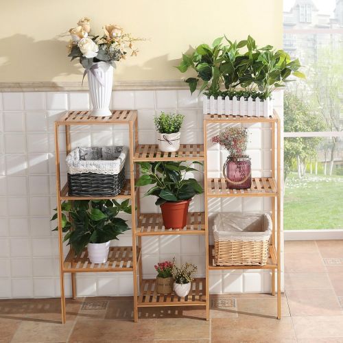  Finnhomy Natural Bamboo Shelf Plant Stand Display Wood Customizable Utility Shelf Bathroom Shelf 9-Tier Multifunctional Storage Rack Shelving Unit