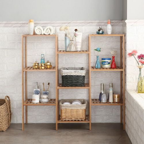  Finnhomy Natural Bamboo Shelf Plant Stand Display Wood Customizable Utility Shelf Bathroom Shelf 9-Tier Multifunctional Storage Rack Shelving Unit