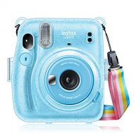 Fintie Protective Clear Case for Fujifilm Instax Mini 11 Instant Film Camera - Crystal Hard Shell Cover with Removable Rainbow Shoulder Strap, Glittering Blue