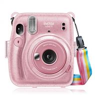 Fintie Protective Clear Case for Fujifilm Instax Mini 11 Instant Film Camera - Crystal Hard Shell Cover with Removable Rainbow Shoulder Strap, Glittering Pink