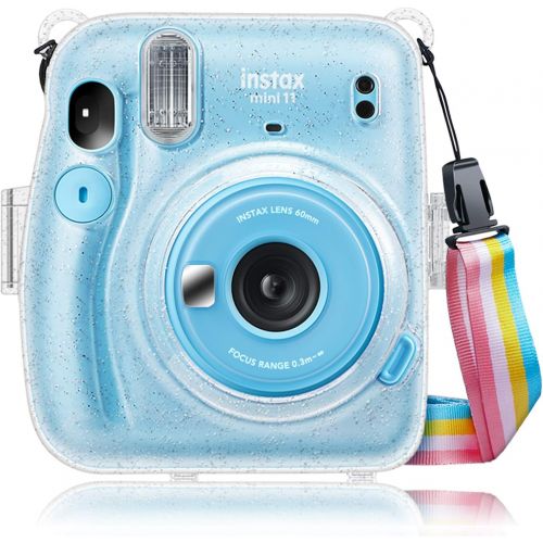  Fintie Protective Clear Case for Fujifilm Instax Mini 11 Instant Film Camera - Crystal Hard Shell Cover with Removable Rainbow Shoulder Strap, Glittering Transparent