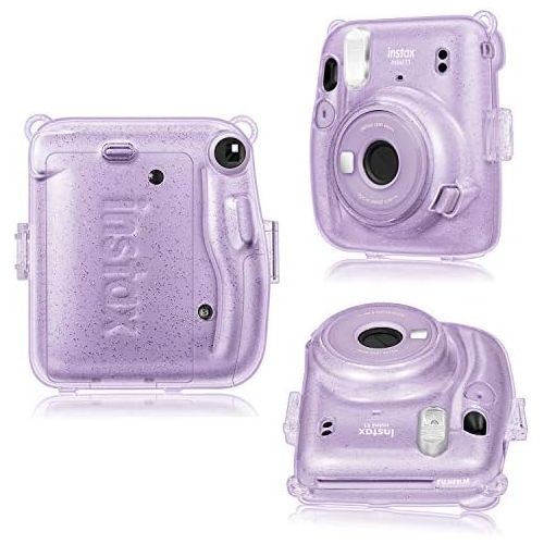  Fintie Protective Clear Case for Fujifilm Instax Mini 11 Instant Film Camera - Crystal Hard Shell Cover with Removable Rainbow Shoulder Strap, Glittering Purple