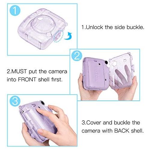  Fintie Protective Clear Case for Fujifilm Instax Mini 11 Instant Film Camera - Crystal Hard Shell Cover with Removable Rainbow Shoulder Strap, Glittering Purple