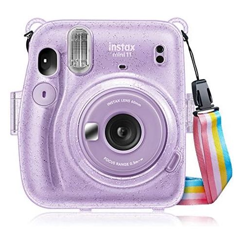  Fintie Protective Clear Case for Fujifilm Instax Mini 11 Instant Film Camera - Crystal Hard Shell Cover with Removable Rainbow Shoulder Strap, Glittering Purple